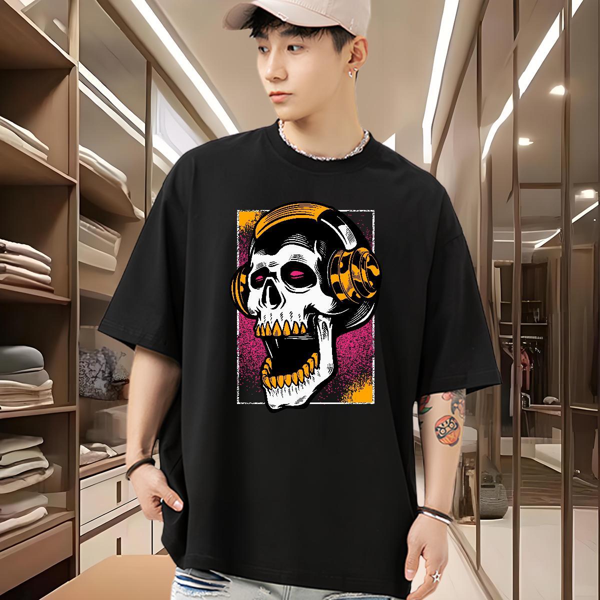 High Quality T Shirts Men 230g Pure Cotton skull Beach DIY Printed O Neck Short Sleeves Tshirt for Man Woman Fashion Clothings