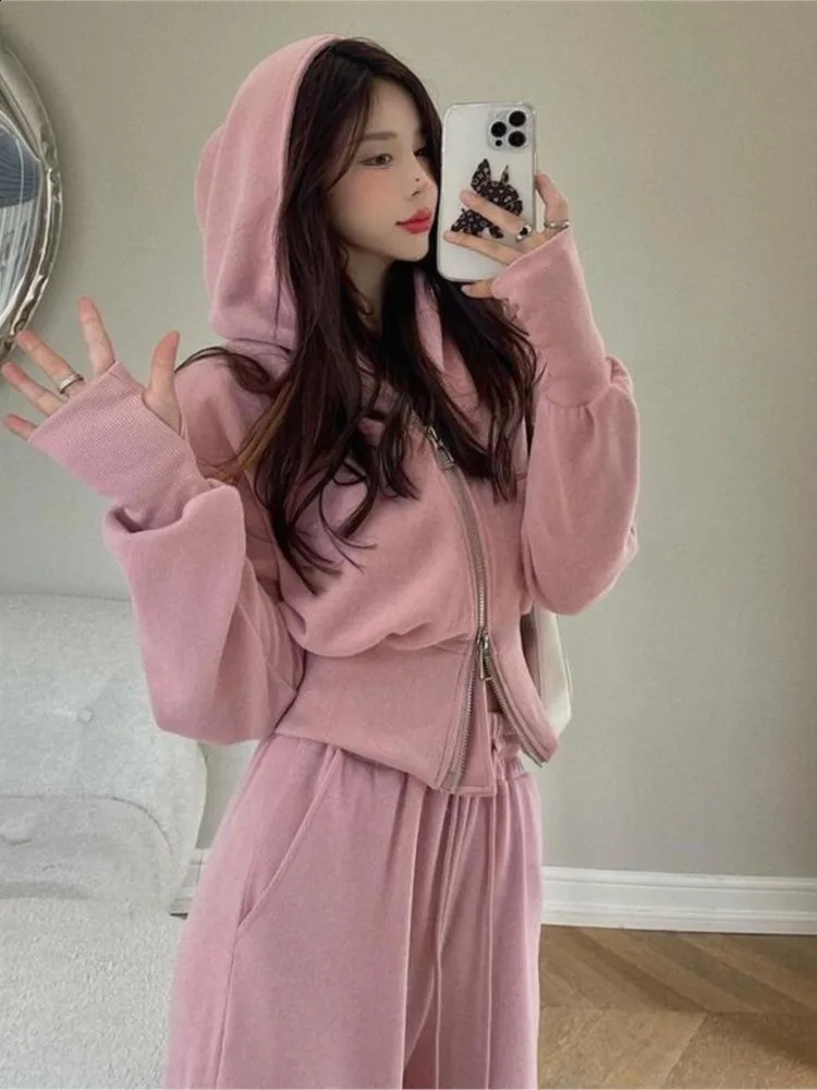 Autumn Casual Pink Hooded Sweatshirts Women Coat Double Zip Up Hoodies Crop Top Drawstring Waist Sweatpant Grey Harem Pants Wild 240824
