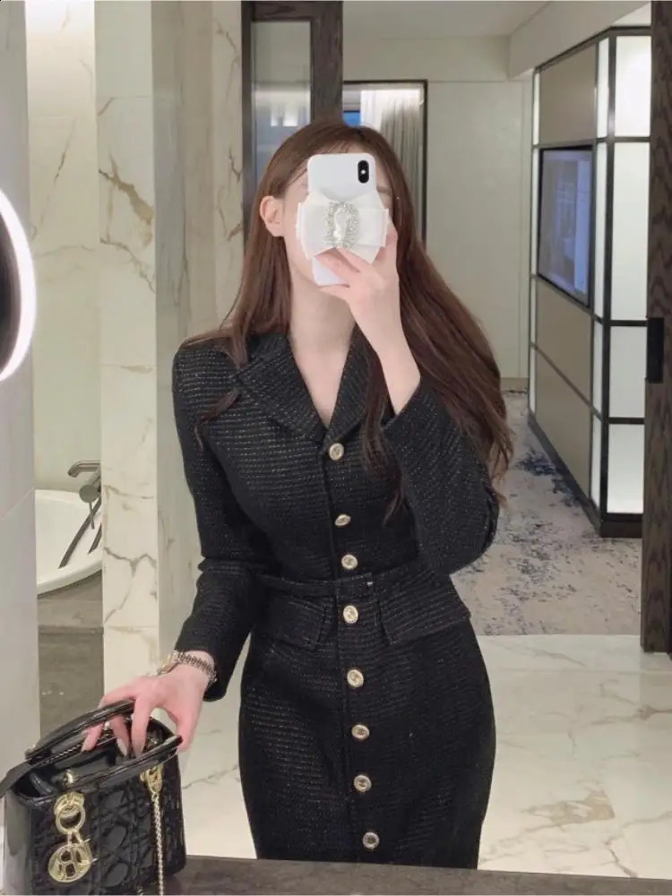 Fashion White Tassel Single Bodycon For Women Office Dresses Suit Collar Black Autumn Long Sleeve Female Formal Dress 240824