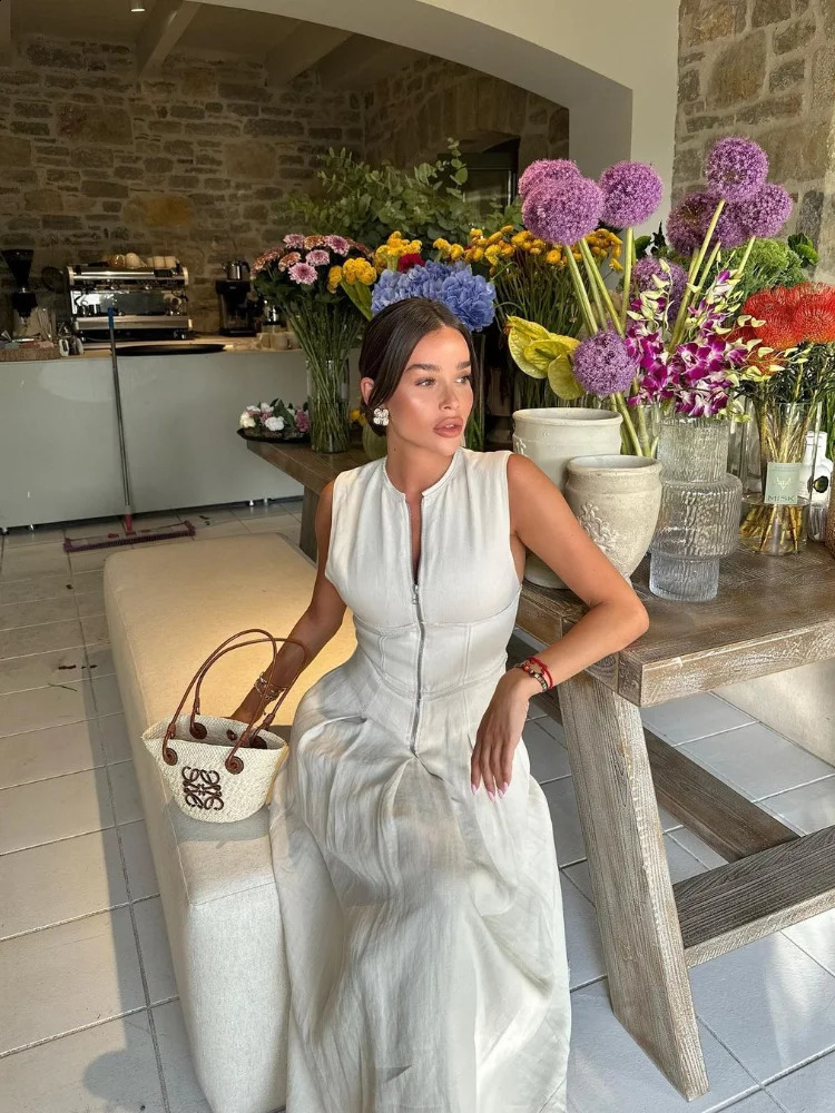 Fashion Sleeveless High Waist Zipper Maxi Dress Women Elegant o Neck Bodycon Vestidos Summer Office Ladies Party Robes