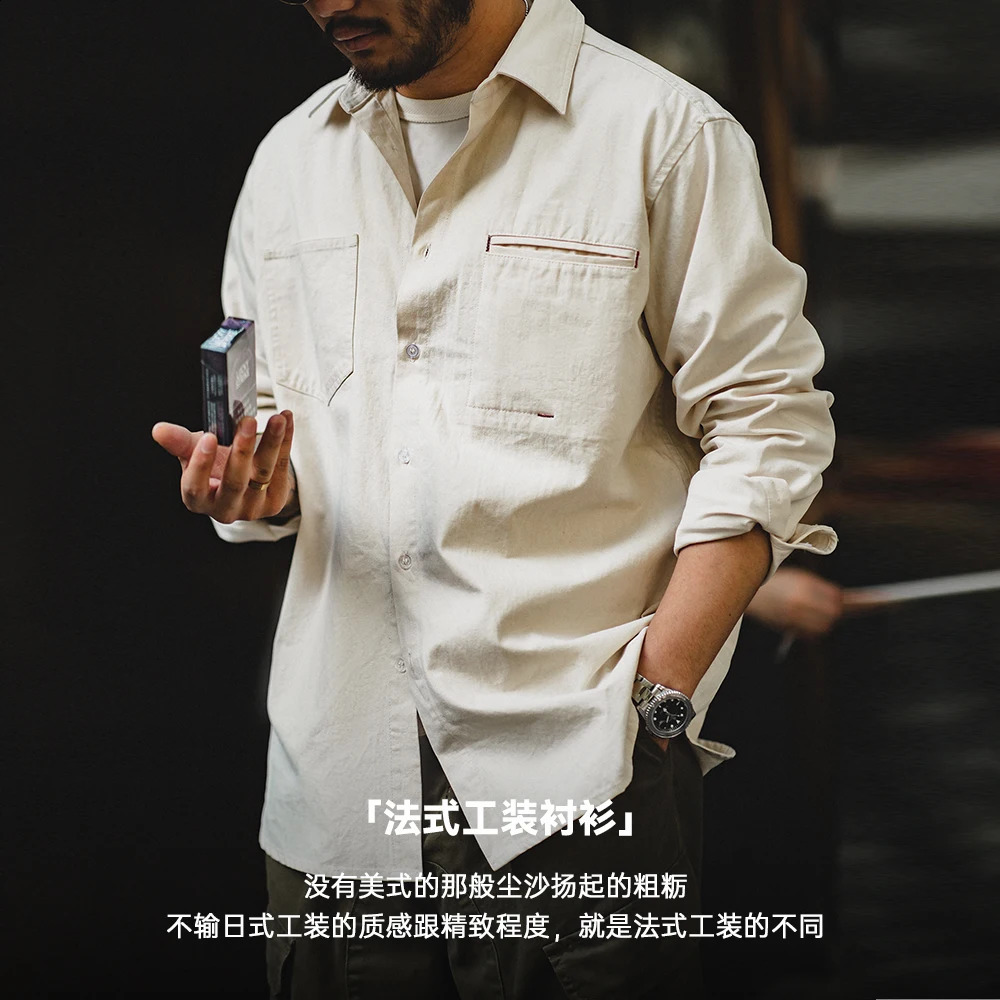 Maden Workwear American Retro Polo Collar Cotton Seed Shell Long Sleeve Shirt Folding Amekaji Shirt Coat Mens Top 240824