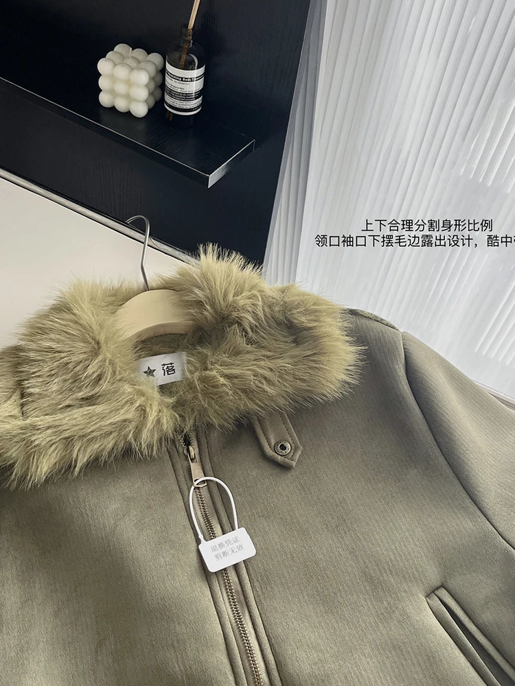 American Retro Woolen Coat TurnDown Collar Vintage Long Sleeve Green Leather Jacket Cozy Outerwear High Street Autumn Winter 240823