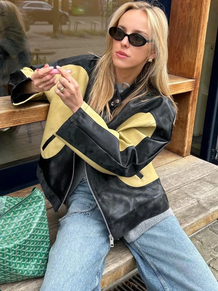 Pu Color Blocked Pocket Button Womens Leather Jacket Casual Long Sleeved Zipper Retro Coats Ladies Fashion Motorcycle Jackets 240823