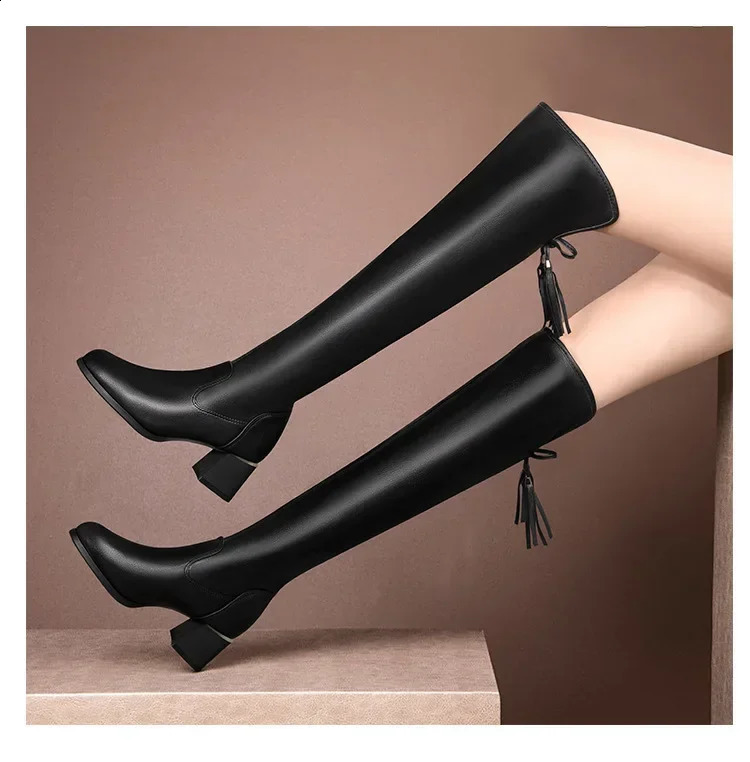 Womens Leather Elastic Knee Boots 2024 Winter Warm Plush Long Boots Autumn Slippery Thick Boots Knight Bottas 240823