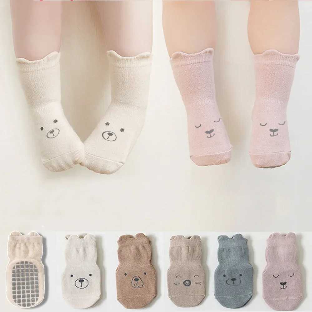 5 Pairs/lot Baby Non Slip Floor Sock 5colored Of Bear Print Infant Girl Cotton Socks Solid Autumn Anti Slip Childrens Knee Sock CL240824