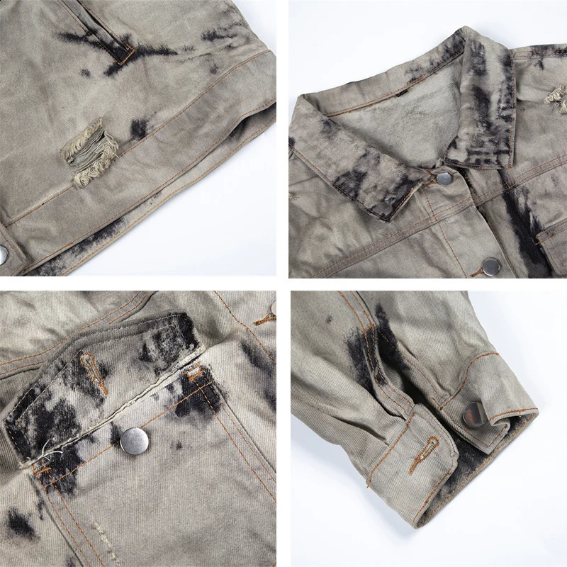Men Streetwear Vintage Denim Jacket Tie Dyed Washed Distressed Pocket Jacket Jeans Harajuku Loose Bomber Jacket Coat Cotton 240823