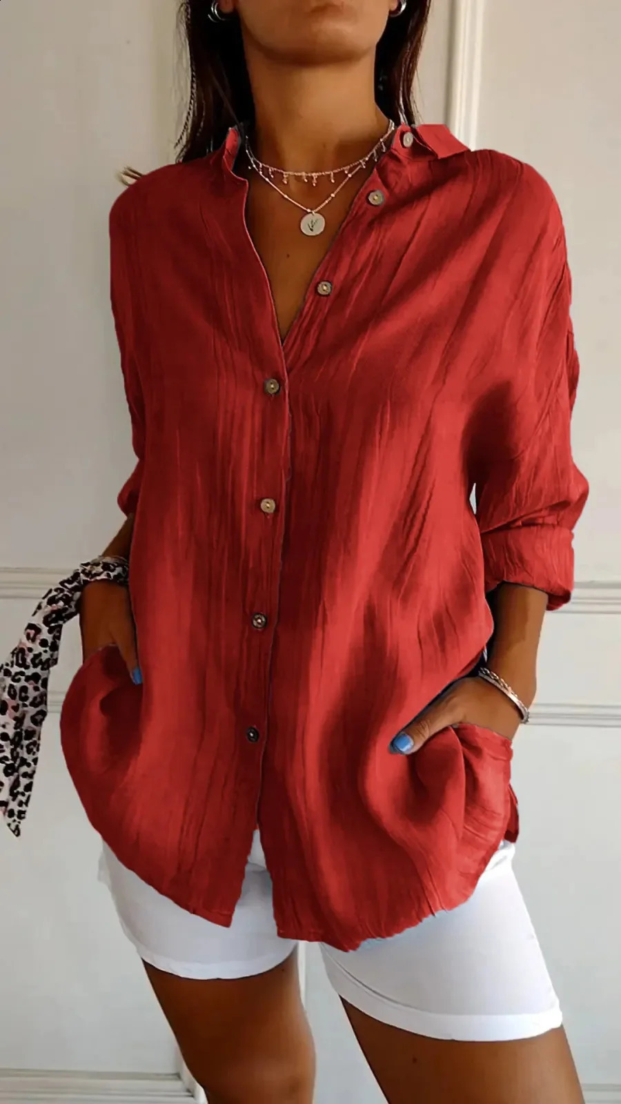 Autumn womens solid color shirt fashion item lapel single breasted pleated long sleeved comfortable casual shirt 240823