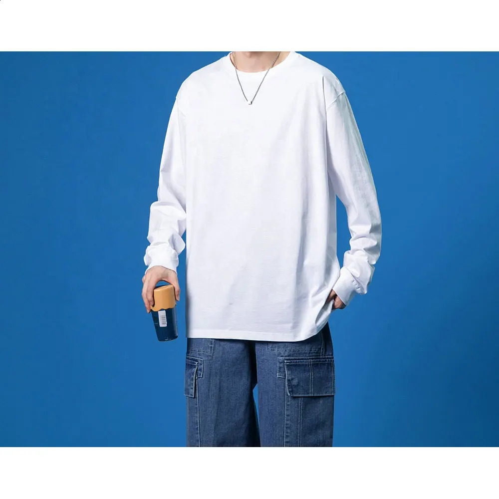 American ultrafine cotton long sleeved round neck loose mens pure white bottom shirt 240823