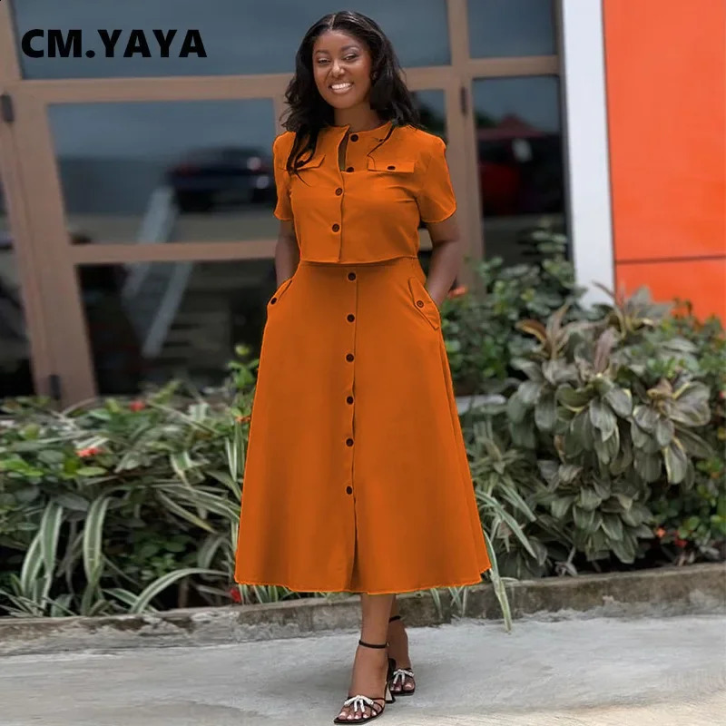 CM.YAYA Women Set Street Short Sleeve O-Neck Button Tops midi Skirts Suits Two 2 Piece Sets Summer OL Fitness Tracksuits 240823