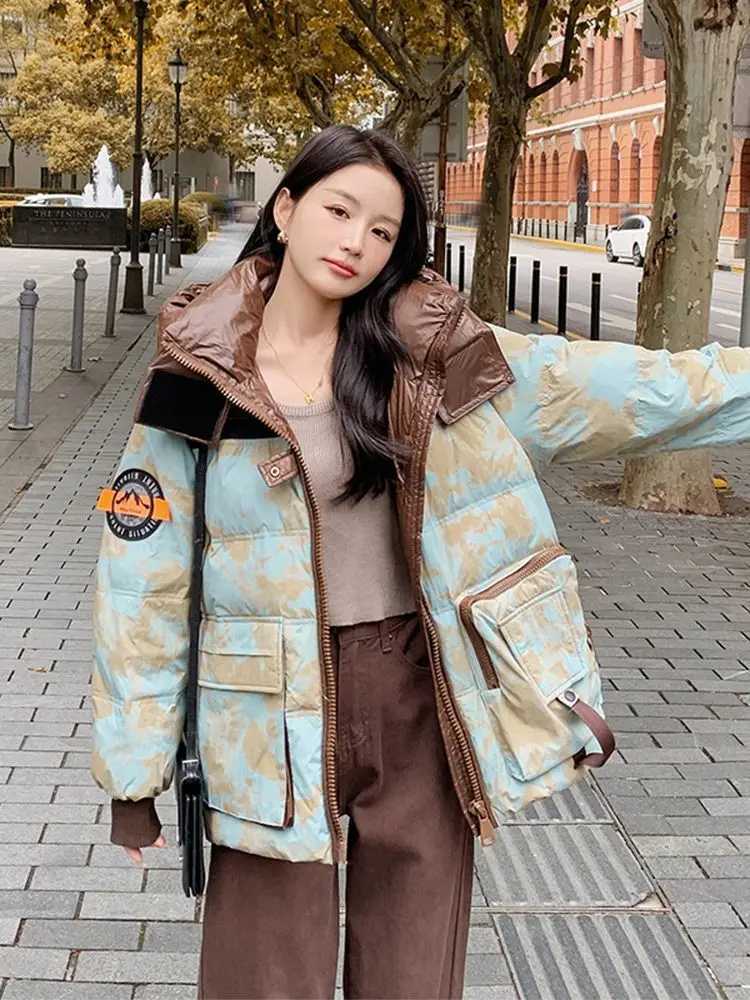 Women's Down Parkas Outerwear Winter Warm Hooded Short color matching Women Down Jacket New 90% White duck down Loose camouflage Womens Puffer Co