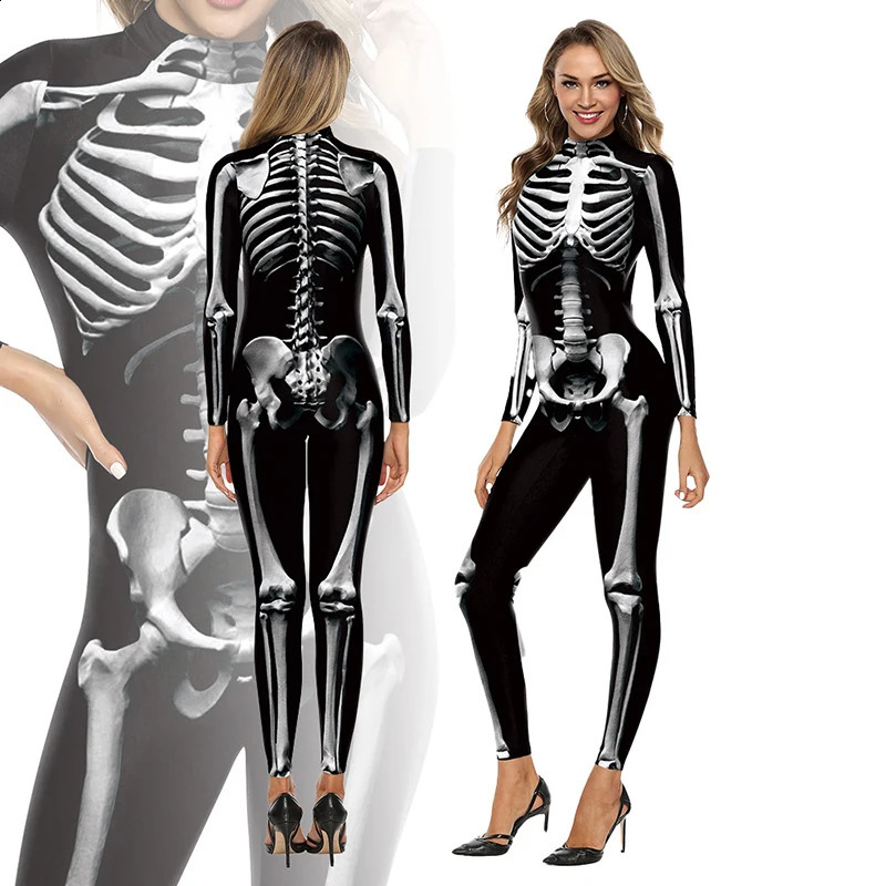 3D printed skeleton cosplay jumpsuit womens tight fitting costume Halloween Zenti party 240823