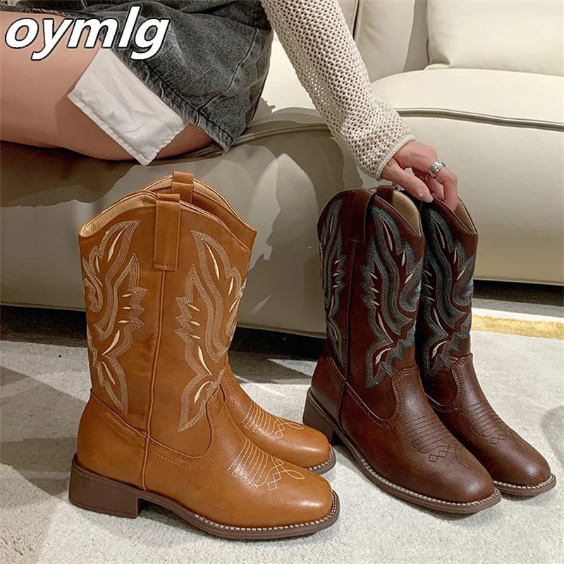 2024 Coarse Heel Western Cowboy Boots V-neck Embroidered Sleeve Knight Boots Retro Middle Hat Square Head Womens Boots 240823
