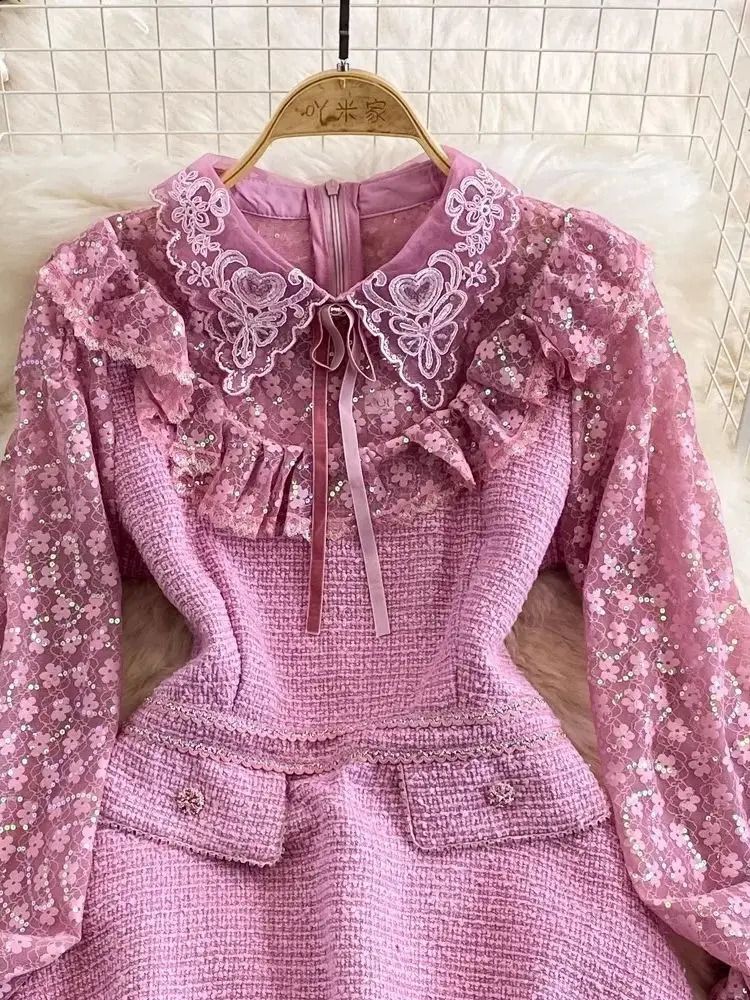 Fashion Lady Flower Sequined Mesh Embroidery Ruffles Stitching Tweed Dress Women Long Sleeve Bow Collar Pink Mini Dresses 240824