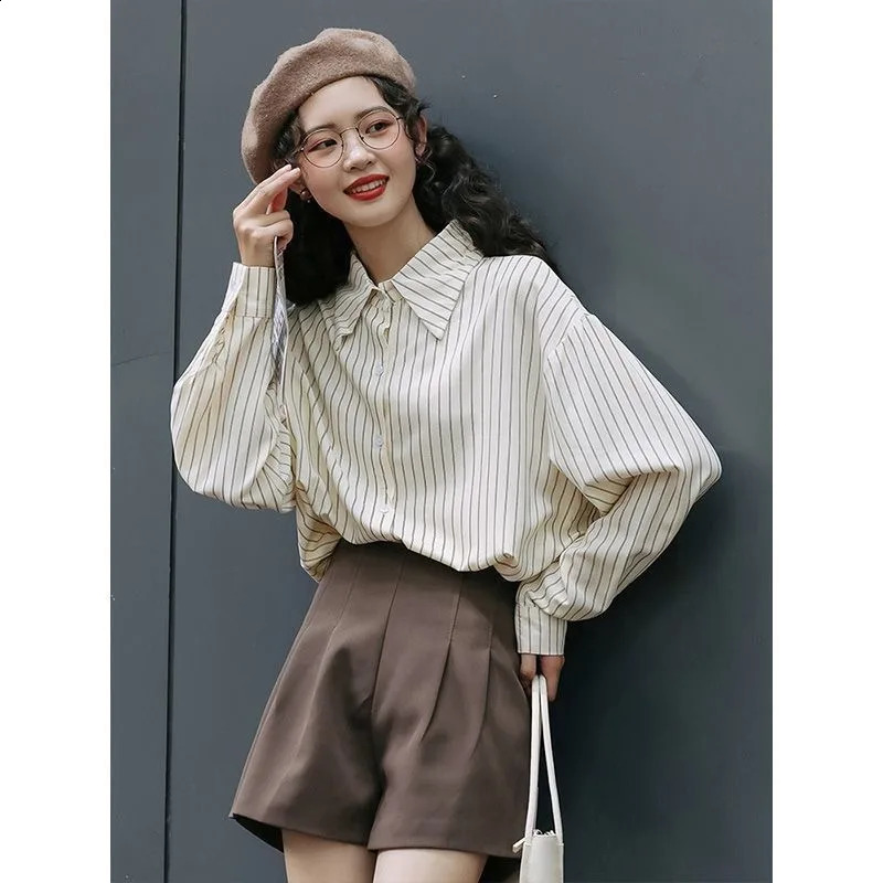 White Elegant Social Womens Shirt Spring and Summer Striped Long Sleeved Shirt Womens Commuting Professional Shirt 240823