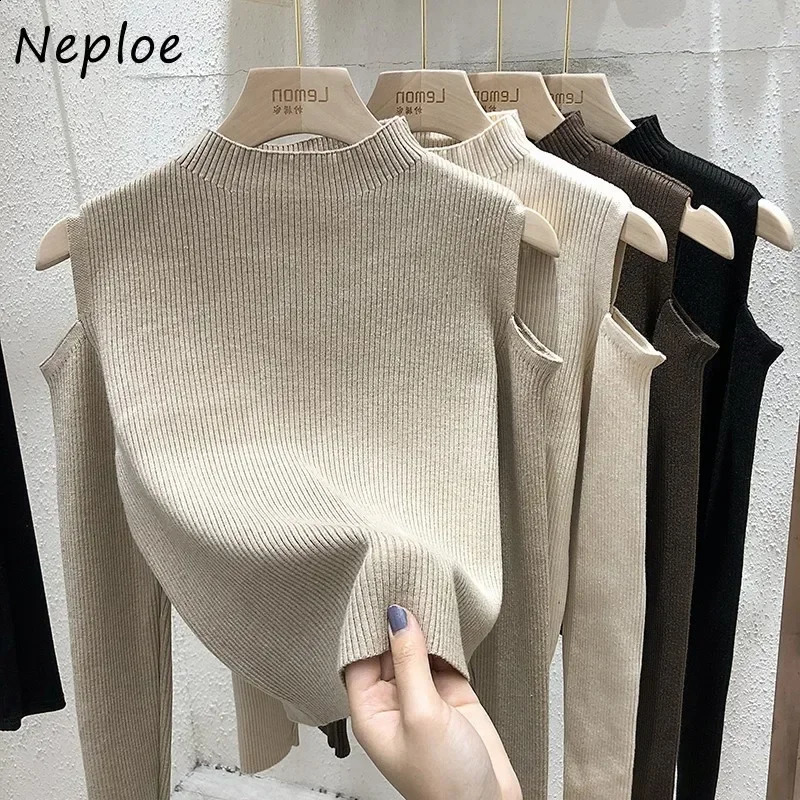 Fashion Off-the-shoulder Womens Pullover Tops Long-sleeve Autumn Bottoming Knitted Shirt Mock Neck Female Sweater 240824