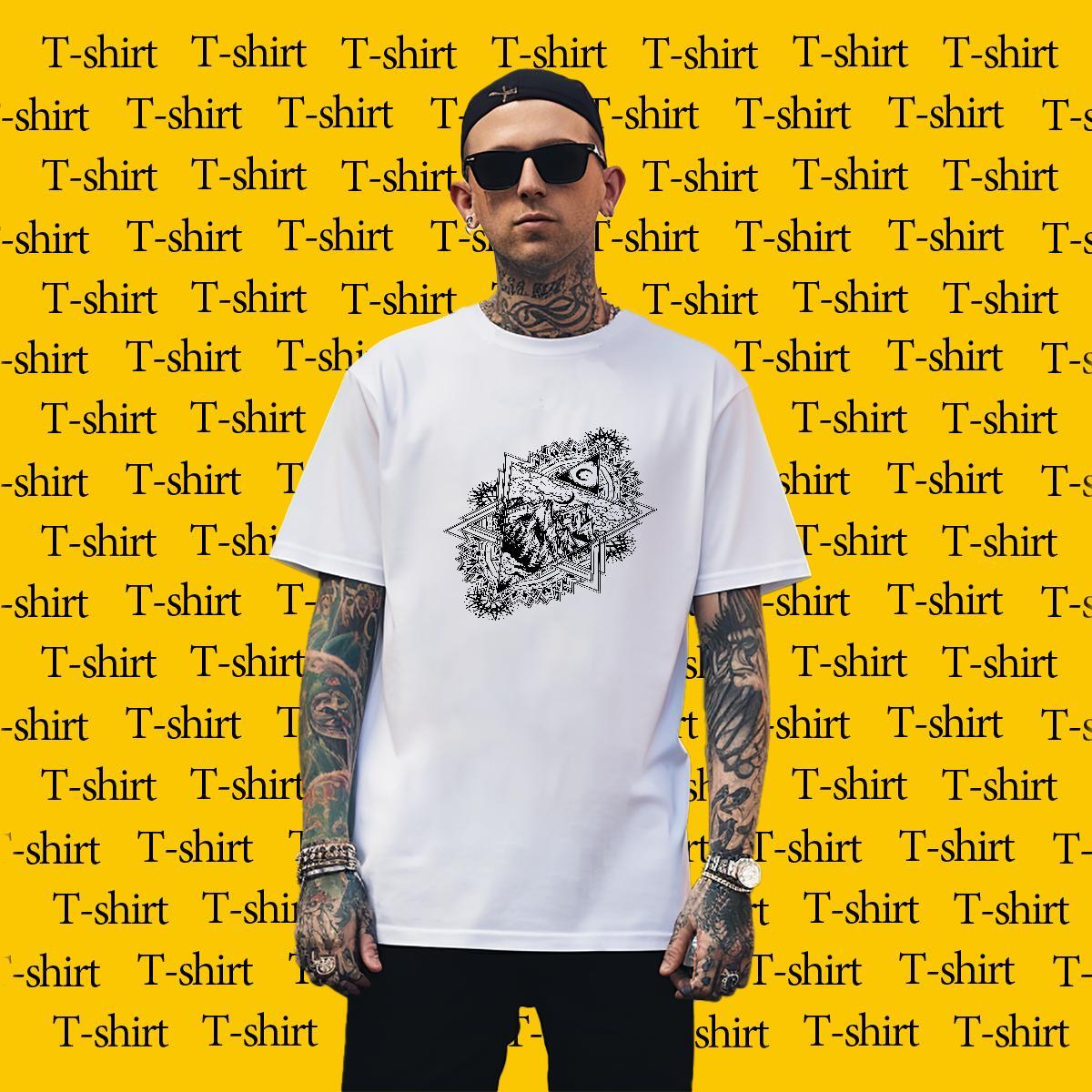 TOP Quality T Shirts Men 230g Pure Cotton eye of the devil Casual Beach Black Oversized Short Sleeve O-Neck Tshirt for Man Woman 2024 Tops Shirt