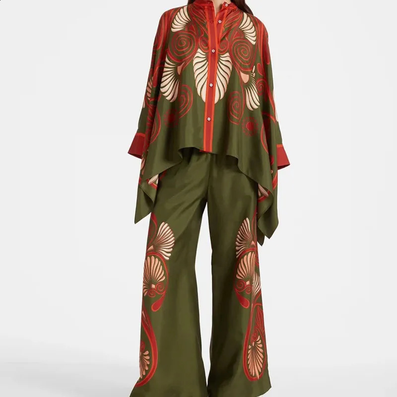 Women 2pcs fashion designer button long sleeved top shirt and pants set for women elegant pattern printed loose suit casual wide leg 2PC