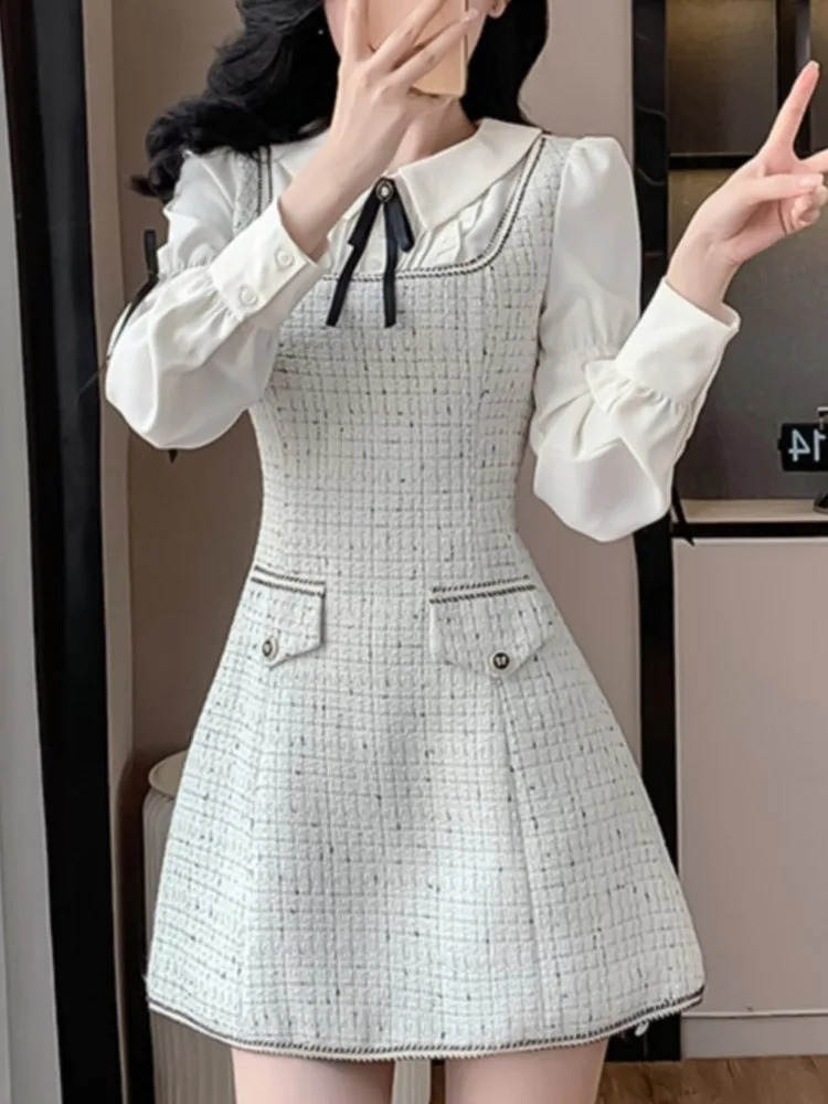 Elegant Patchwork Short Dresses for Women Vintage Long Sleeve Tweed Birthday Party Evening Dresses Korean Autumn Female Vestidos 240824