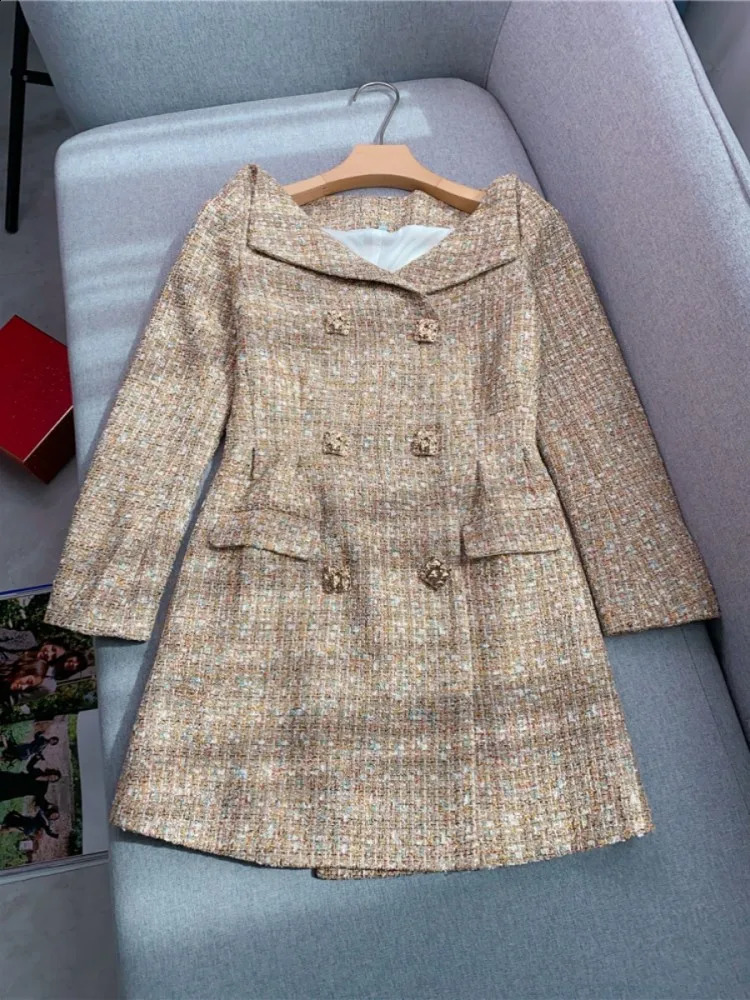 Autumn Elegant Women Slash Neck Double Breasted Tweed Dress Vintage Office Ladies Work Party Slim Waist Long Sleeve Mini Dresses 240824