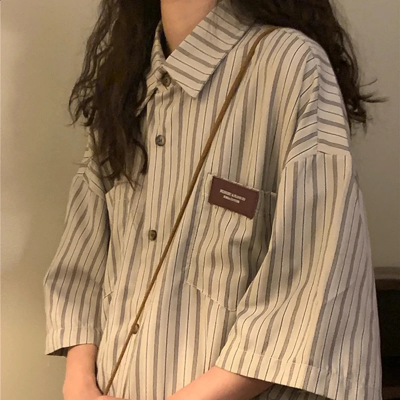 Zoki Vintage Striped Women with Tie Blouses Harajuku Oversized Loose Preppy Tops Japanese Summer Fashion Long Sleeve Shirts 240823
