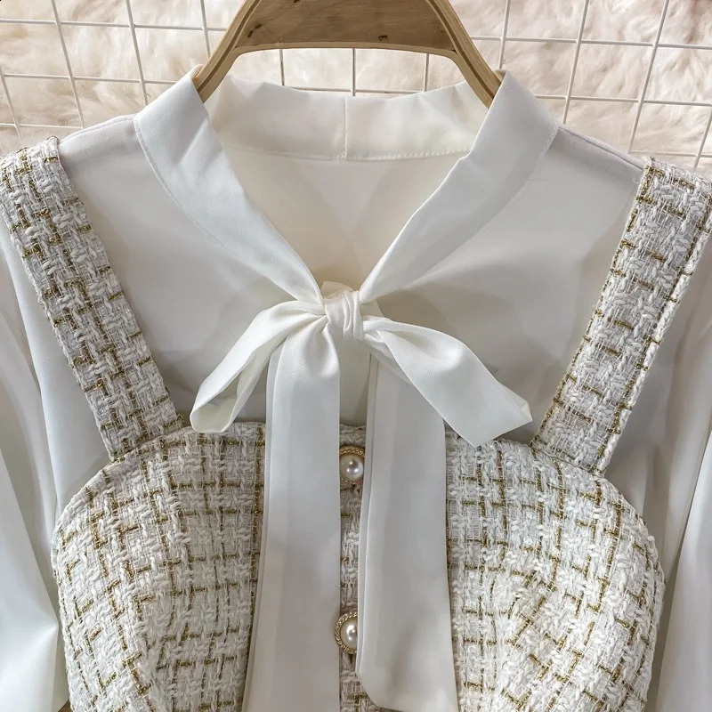 Elegant Chiffon Shirt Tweed Dress Sets Women Long Sleeve Lace Up Bow Shirts Vintage Sling Plaid Dresses Suits Oiffice Lady Y2k 240824