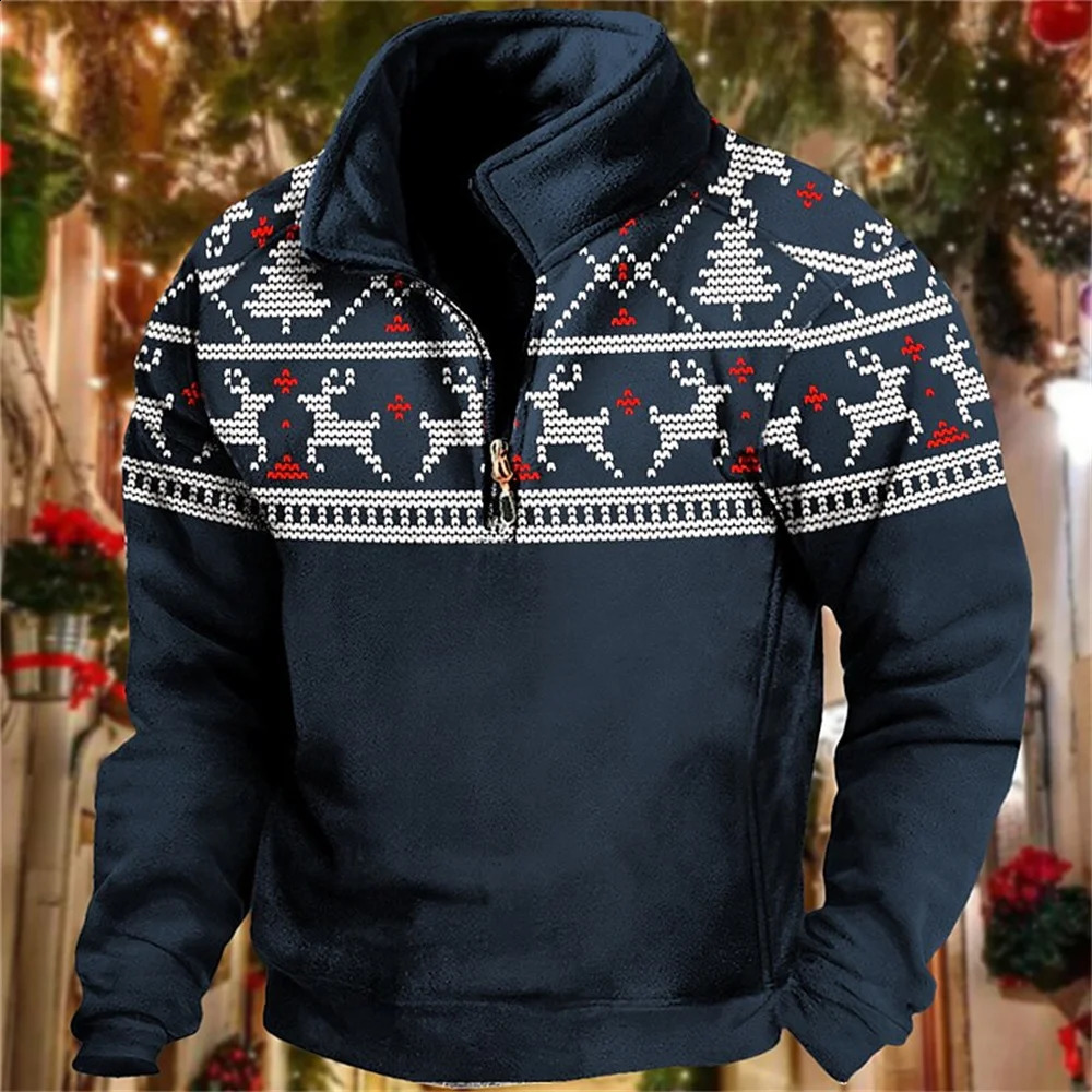 Fashion Zipper Sweatshirt Men Christmas Vintage Polo Jacket Autumn Pullover Casual Long Sleeve Tops Clothes For Mens Clothing 240823