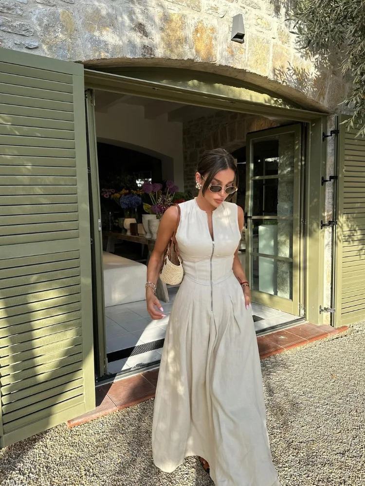 Fashion Sleeveless High Waist Zipper Maxi Dress Women Elegant o Neck Bodycon Vestidos Summer Office Ladies Party Robes