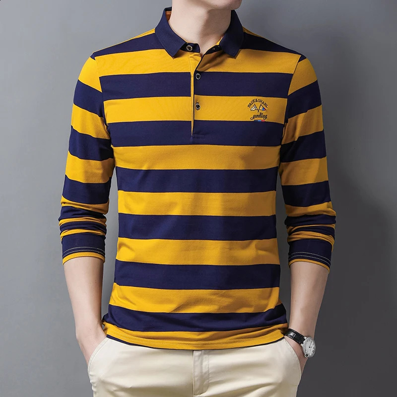 Summer Stripe Embroidery Mens Street Clothing Polo Shirt Cotton Casual Top Fashion Street Long Sleeve Mens Clothing 240824