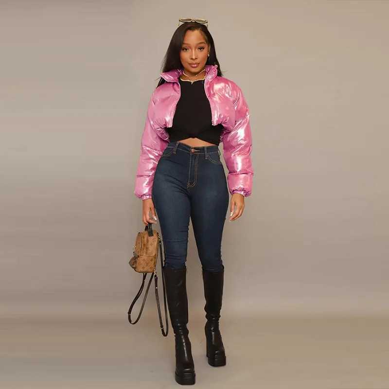 Women's Down Parkas Winter Cute Lady Shiny PU Leather Puffer Jacket High Waist Slim Bubble Coats Zipper Stand Collar Fluffy Short Jacket Parkas D