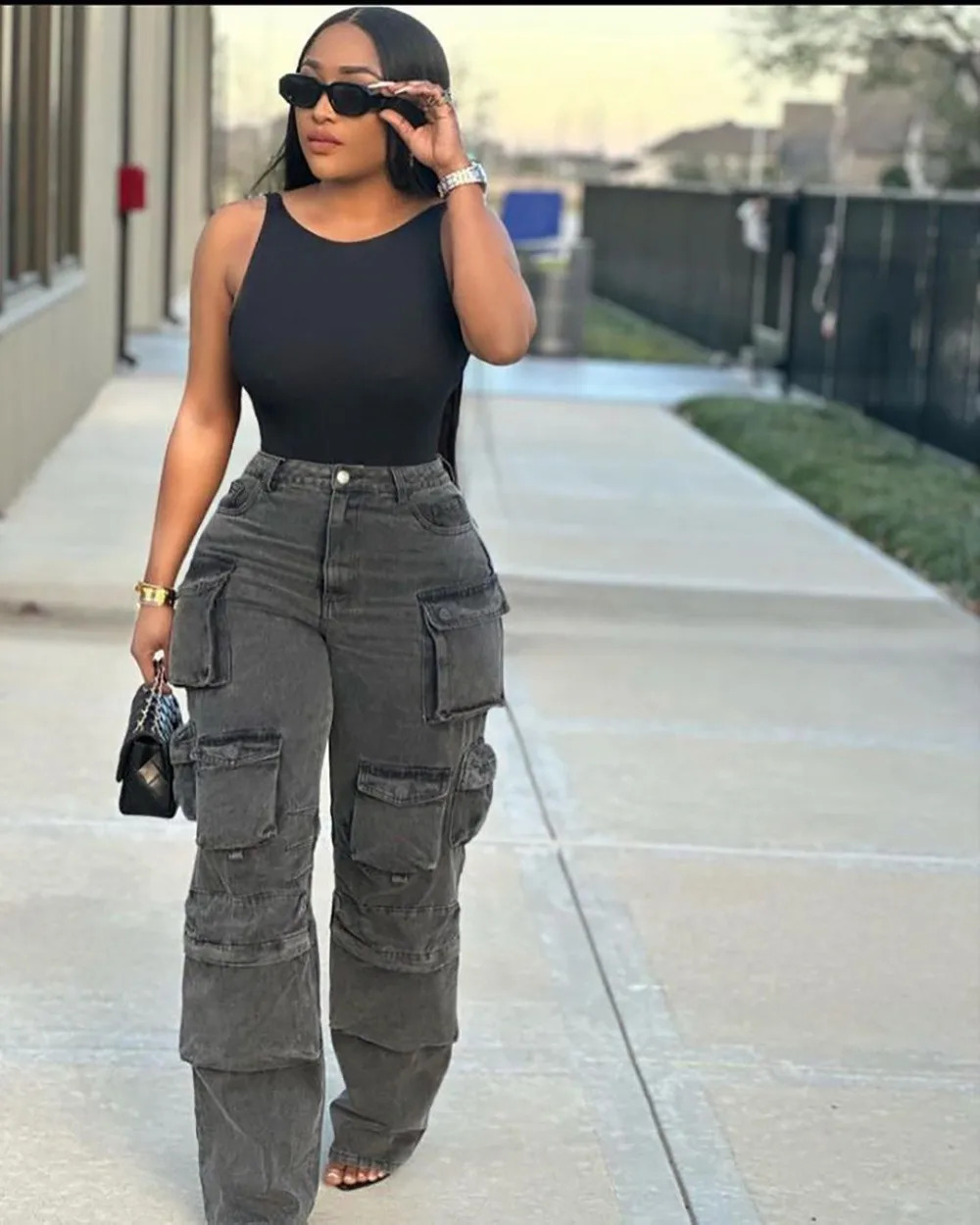 Womens denim jeans washing patch work cargo pants pocket mid waist zipper flight winter light stretch high street loose 240823