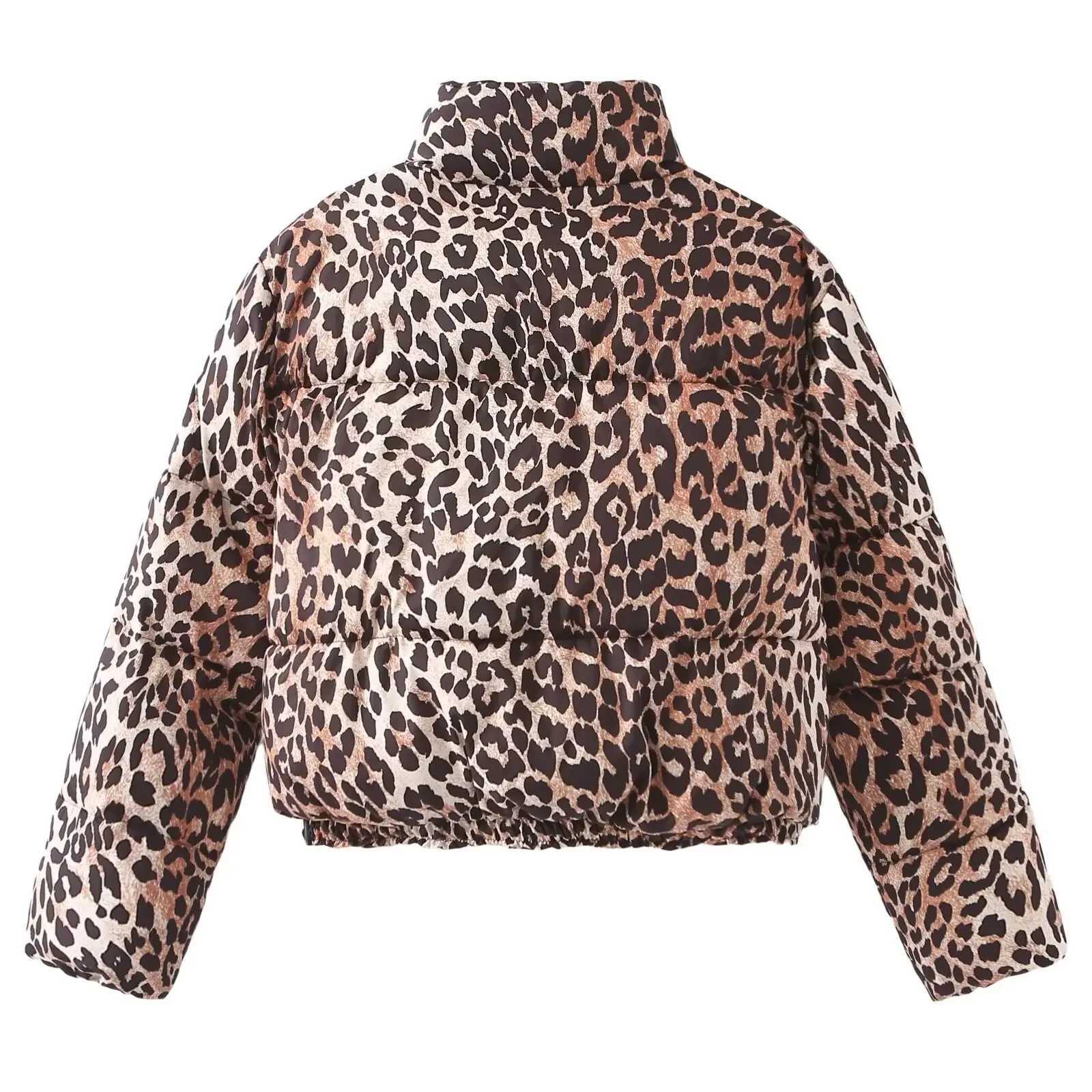 Women's Down Parkas Fashion leopard print crop cotton jacket womens stand up collar long Slve zipper paddle coat 2024 winter Y2k casual high T-sh
