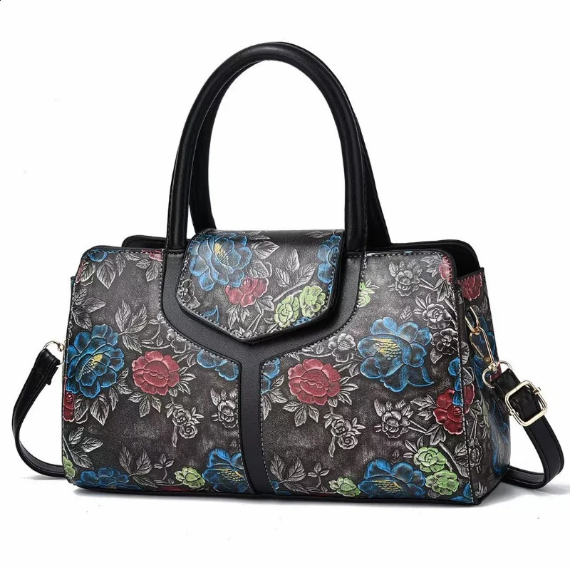 Fashion shoulder bag womens retro floral pattern portable handbag PU Communicating Boston womens cross body handbag 240904