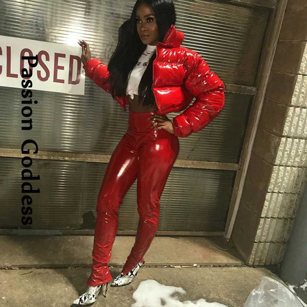 Women's Down Parkas Autumn Women Bright PU Puffer Jackets Winter Warm Shiny Leather Neon Bubble Coats Parkas Down Zipper Cropped Jacket Parkas Y2