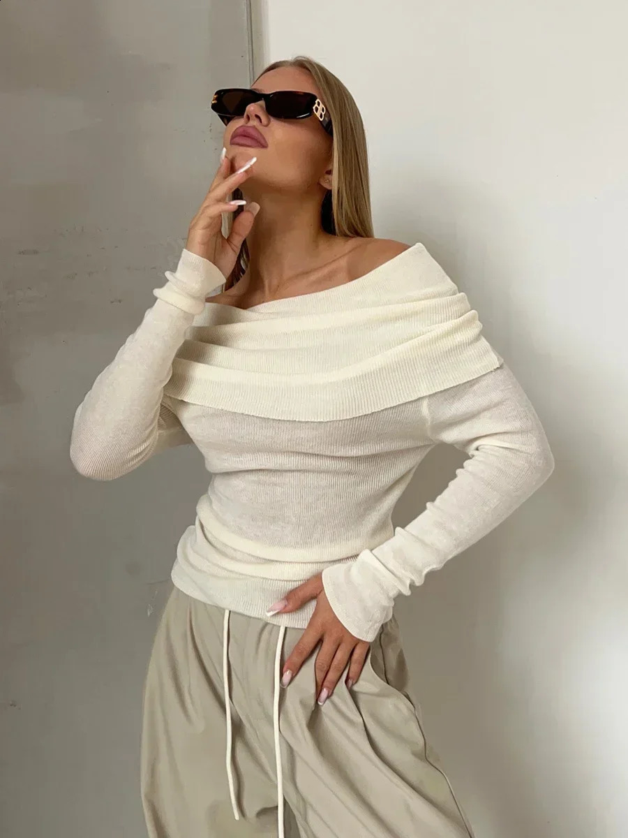 Sumuyoo Women Knitted Wool T-shirt Slim Fit Long Sleeve Autumn Winter Chic Off Shoulder Basic Sweater Streetwear Pullovers 240824
