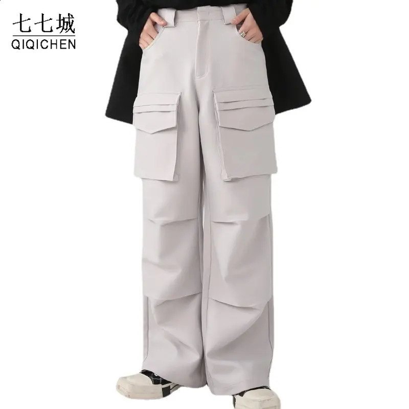 Retro cargo pants mens solid color large pocket straight wide leg casual 240823