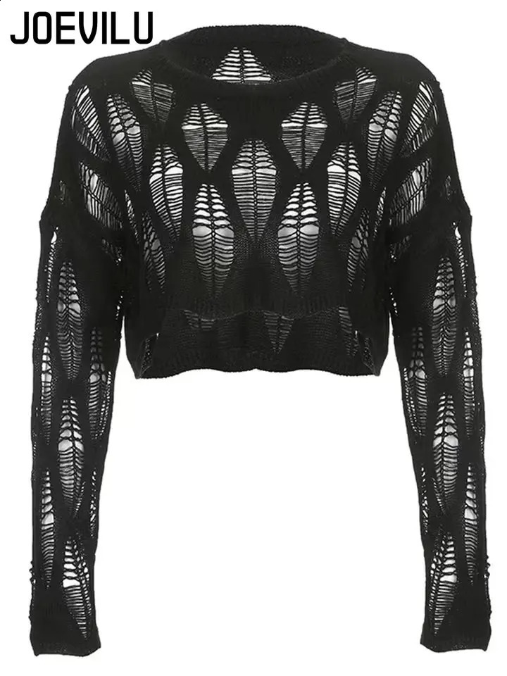 Perforated Hollow Out Knitted Blouse Sunscreen Long Sleeve Top Gothic Dark Black Sexy Thin Sweater Womens Summer Chic Crop Tops 240823