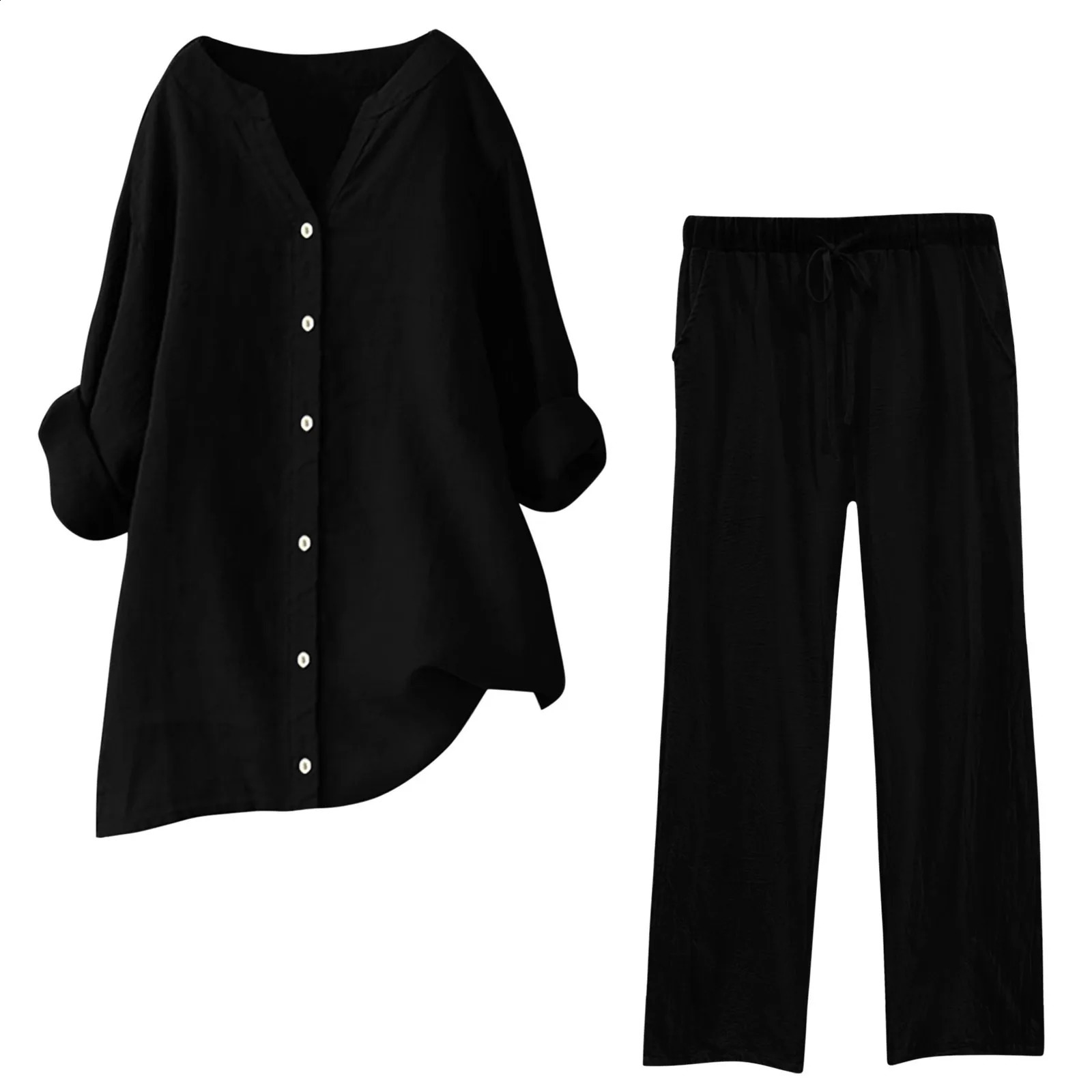 Womens solid single chest shirt 2piece set casual Vneck long sleeved toppants chic high waisted Trouser street 240823