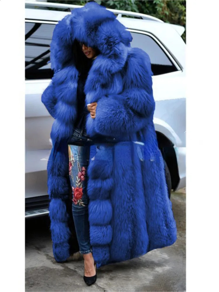 Winter 2024 long faux fur warm coat long sleeved coat fox fur coat long hooded fur integrated fur coat S-XXXXXL 240823