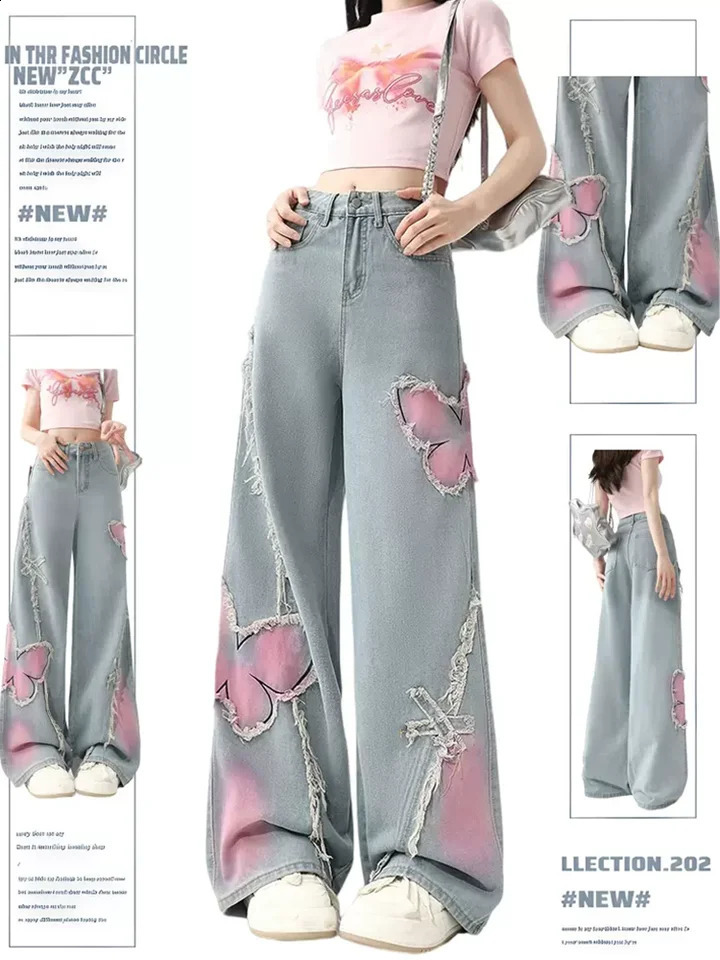 Womens light blue butterfly jeans Harajuku Y2k Japanese 2000s style bagged denim Trouser retro garbage oversized 240823