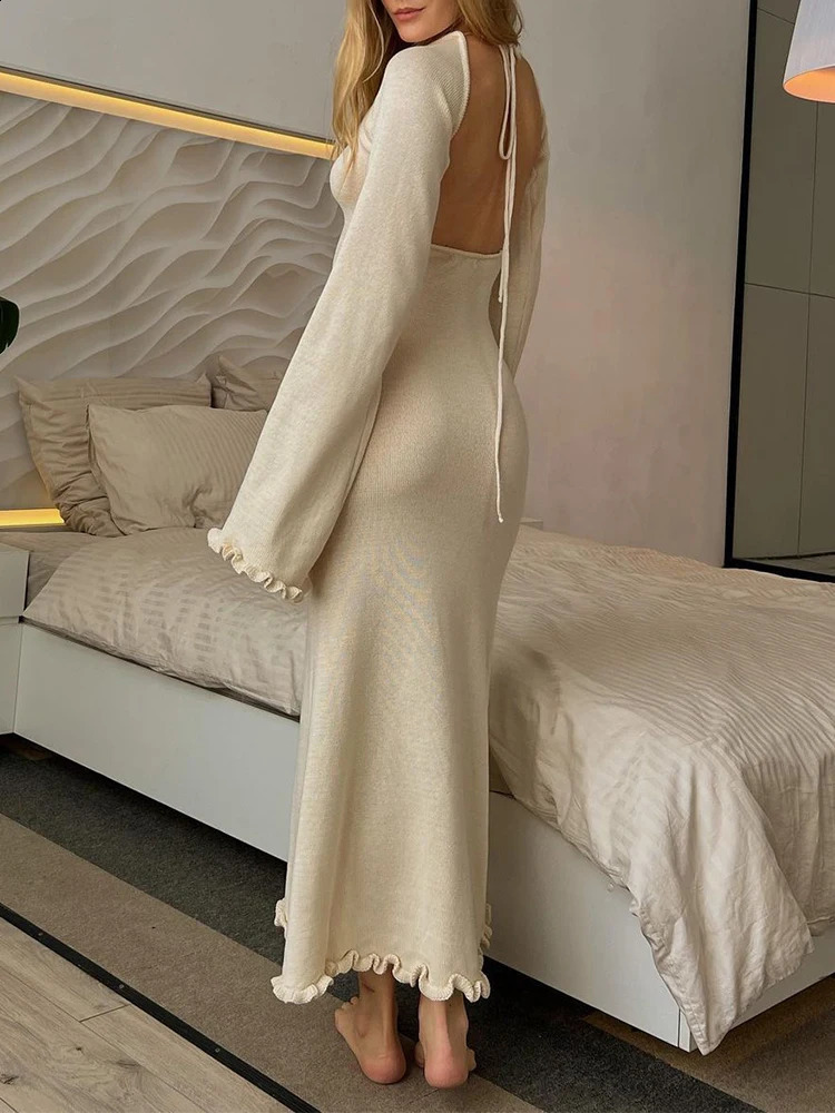 Womens Knitted Long Sleeve Dress with Open Back Slim Long Dress Summer Sexy Fashion Lace-up Dresses 240823
