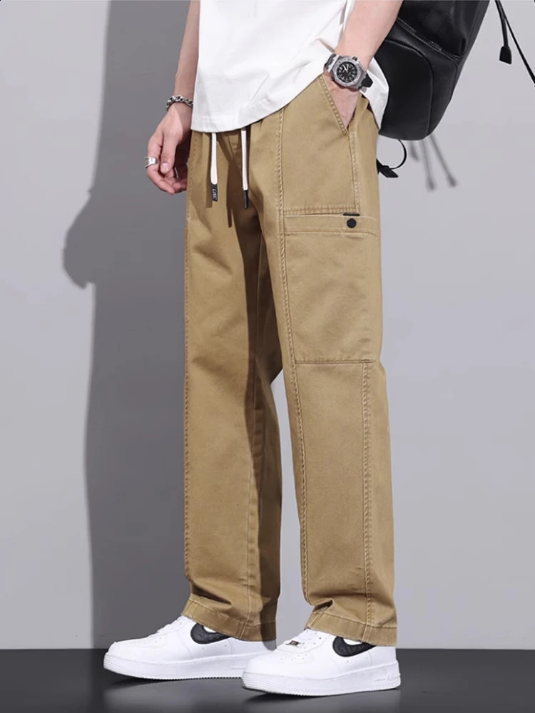 Multi pocket straight leg cargo pants mens drawstring casual wide sports wearresistant 240823