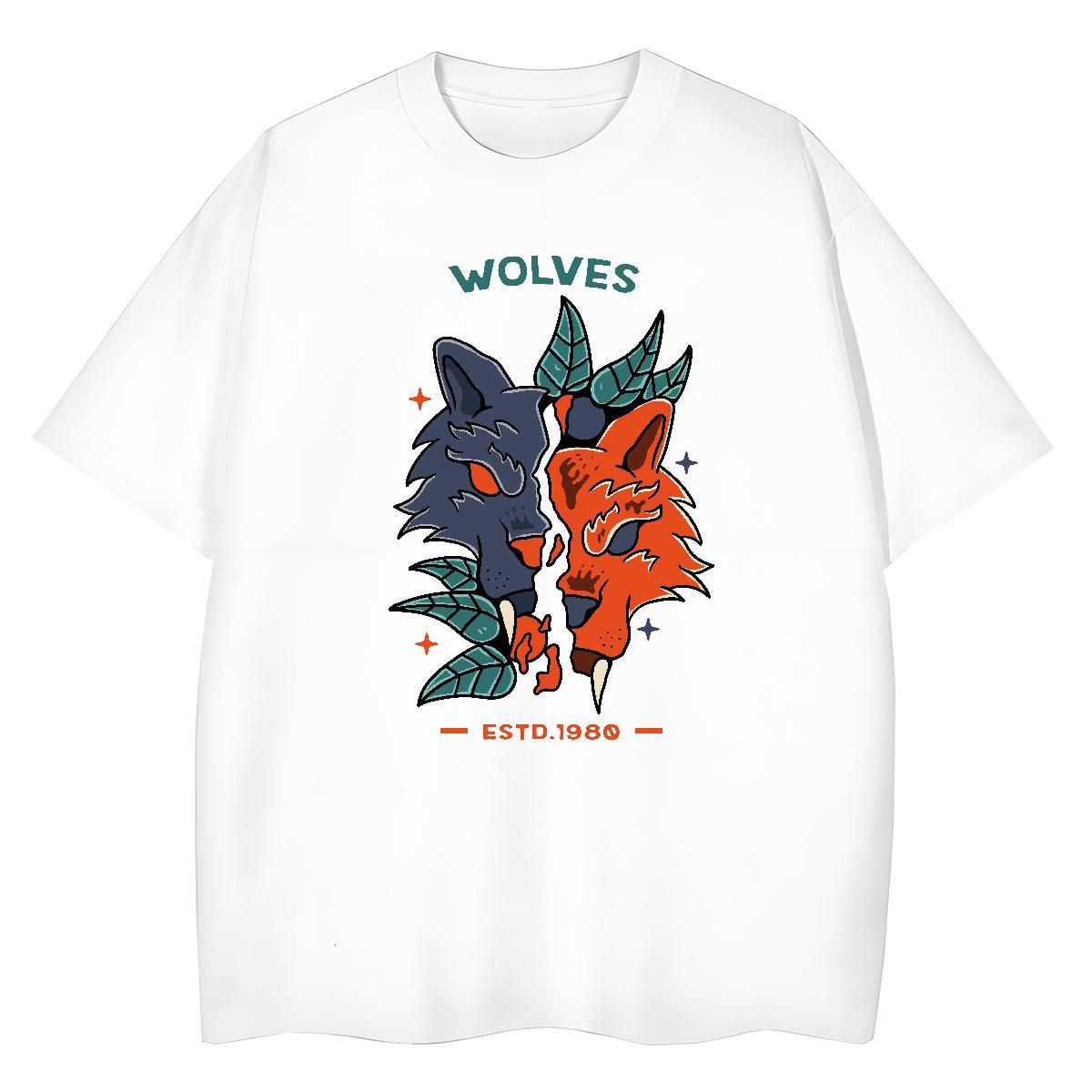 2024 Summer Men Tshirts wolf Spring Summer 100% Cotton 230g Clothings Crew Neck Breathable Loose Fit T shirt Plus Size Cartoon