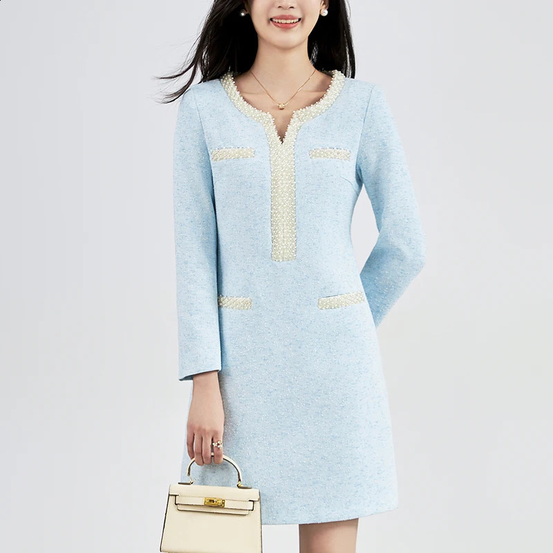 Elegant Fashion Dresses For Women Autumn Winter Womens Clothing Beading V-neck Long Sleeve Office Lady Wool Tweed Dress 240824