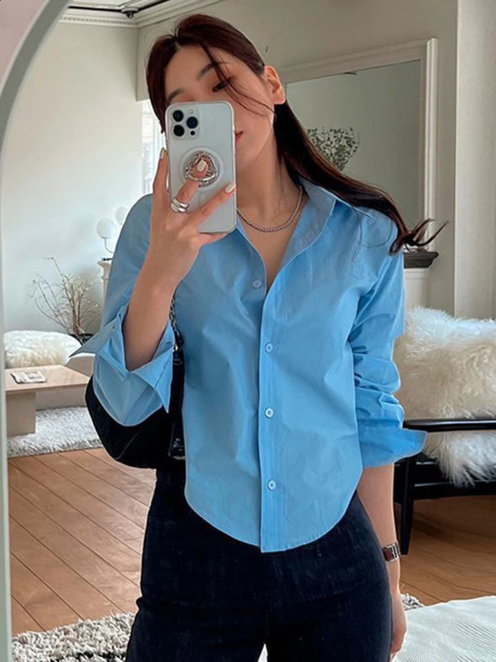Zoki Casual Sexy Slim Shirt Women Elegant Fashion Long Sleeve Blouse Korean n Irregular Turn Down Collar Chic White Tops 240823