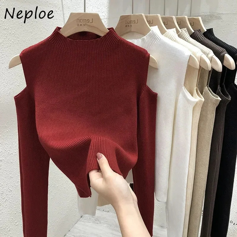 Fashion Off-the-shoulder Womens Pullover Tops Long-sleeve Autumn Bottoming Knitted Shirt Mock Neck Female Sweater 240824