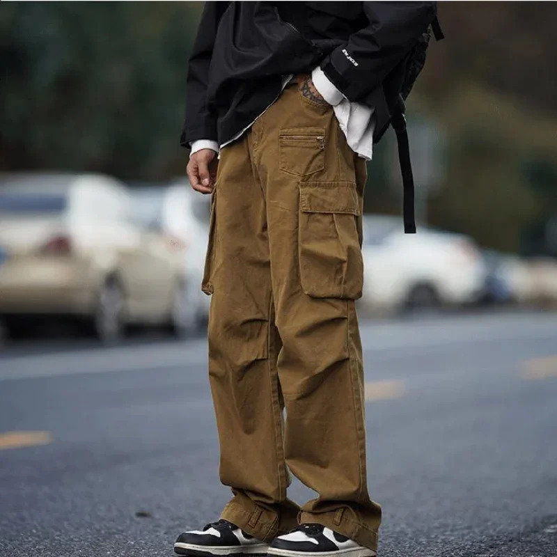 Mens cargo pants brown mens Trouser multi pocket wide straight large size n conventional suitable for aesthetic expressions 240823