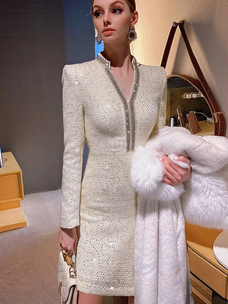 High-End Custom Tweed Dress for Women Drilling Sequined V-neck Long Sleeve Woolen Dress Banquet Party Autumn Winter Vestidos 240824