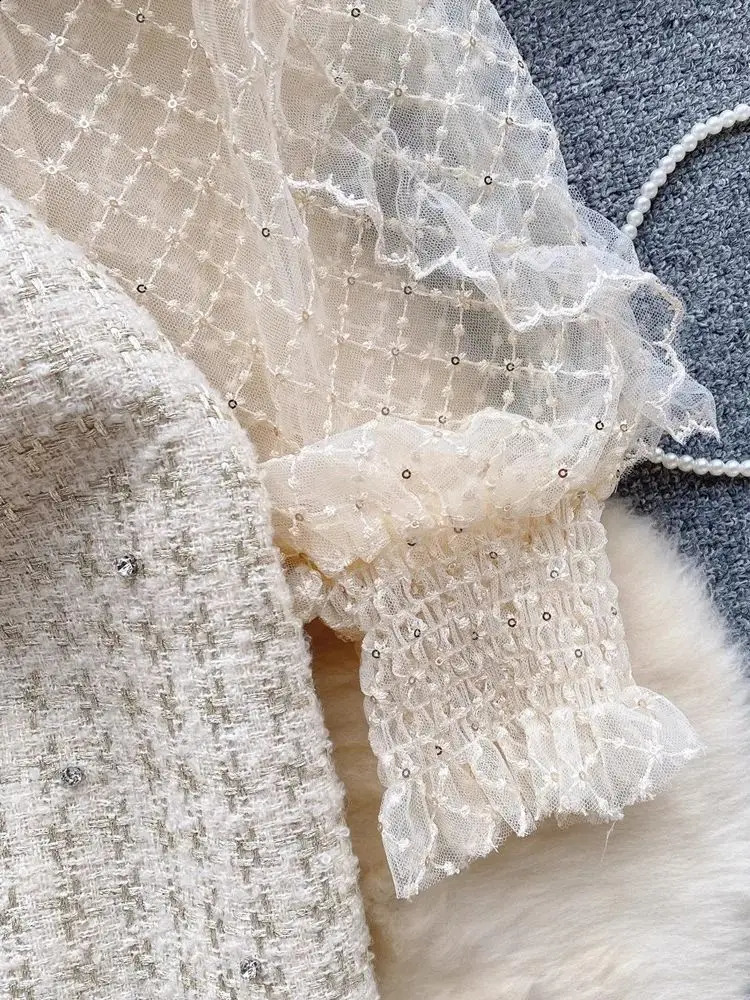 Spring Elegant Beige Lace Mesh Plaid Embroidery Ruffles Long Sleeve Stitching Tweed Bow Pearls Beading Woolen Mini Dresses 240824