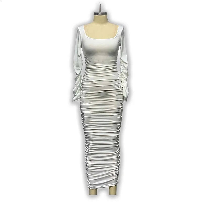 Autumn Winter White Pleated Square Collar Long Sleeve Dress Women Sexy Slim Elastic Bodycon Party Midi Dresses Vestidos 830 240823