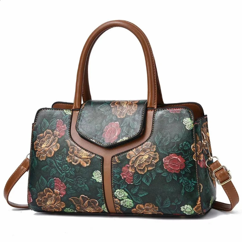 Fashion shoulder bag womens retro floral pattern portable handbag PU Communicating y Boston womens cross body handbag 240824